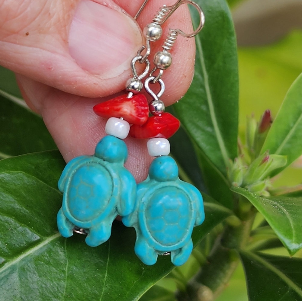❤️Turtle Jewelry Silver Boho Earrings Natural Coral Stones Turquoise